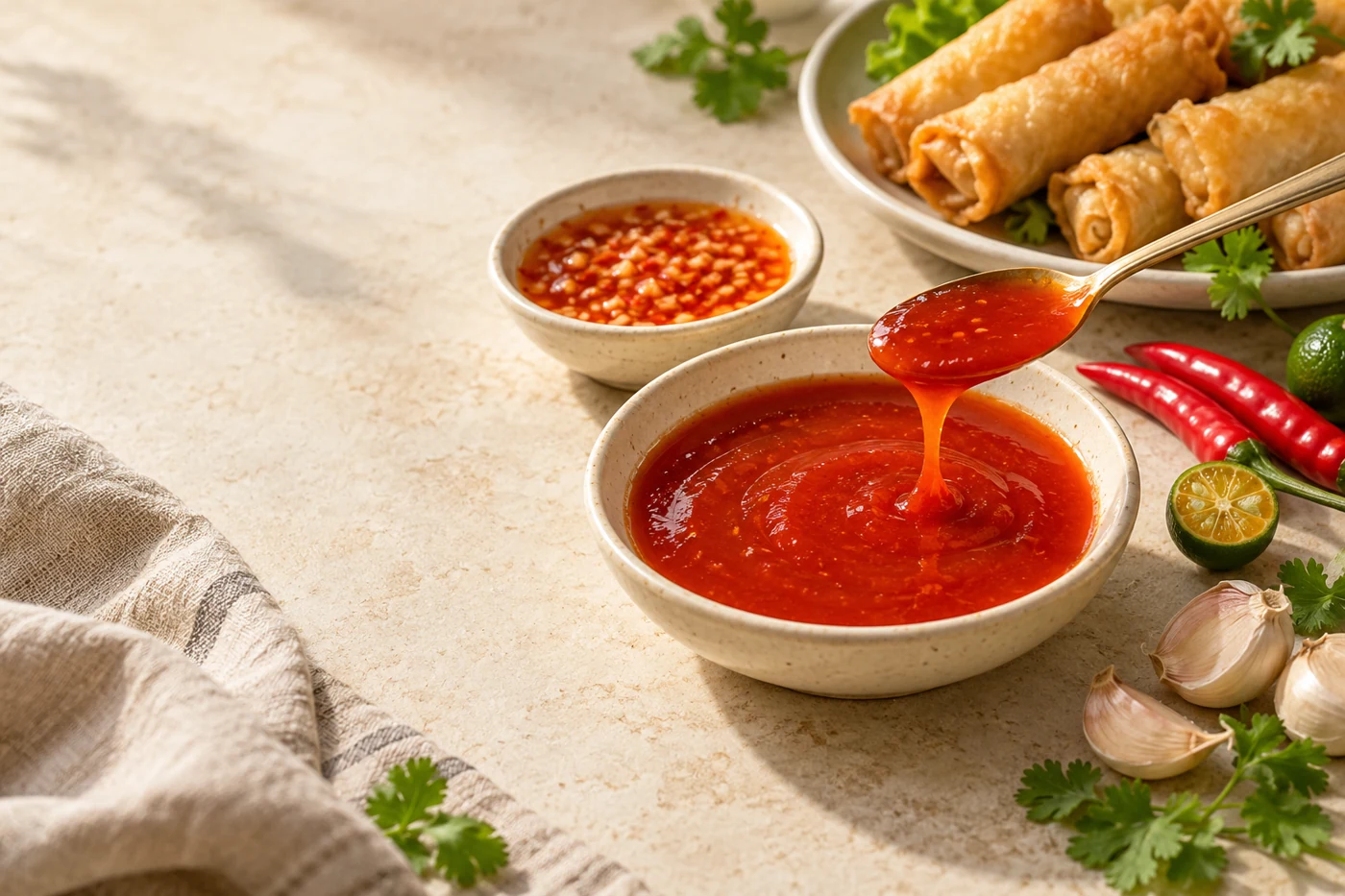 Serving illustration of chilli dips with spring rolls, calamansi and garlic
