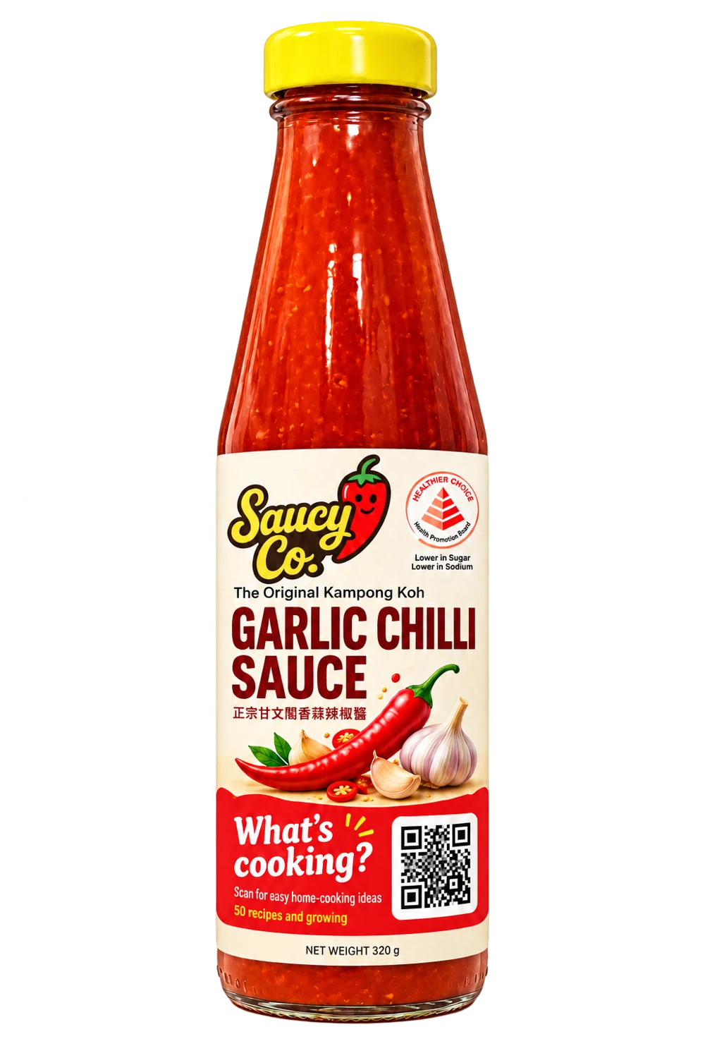 Saucy Co. Garlic Chilli Sauce bottle with recipe label concept