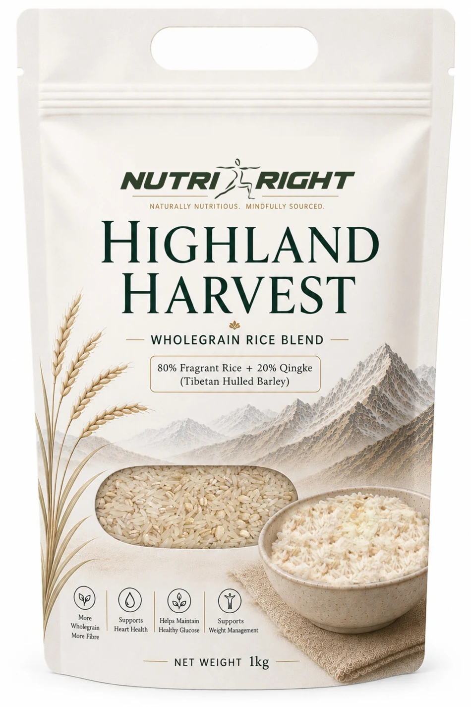 Highland Harvest 1 kg rice and qingke barley packaging concept