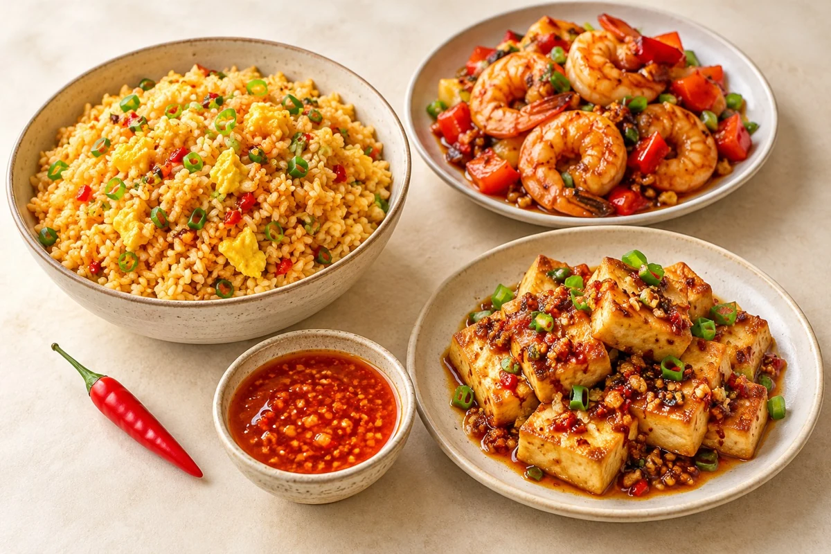 Serving illustration of fried rice, prawns and tofu with garlic chilli sauce