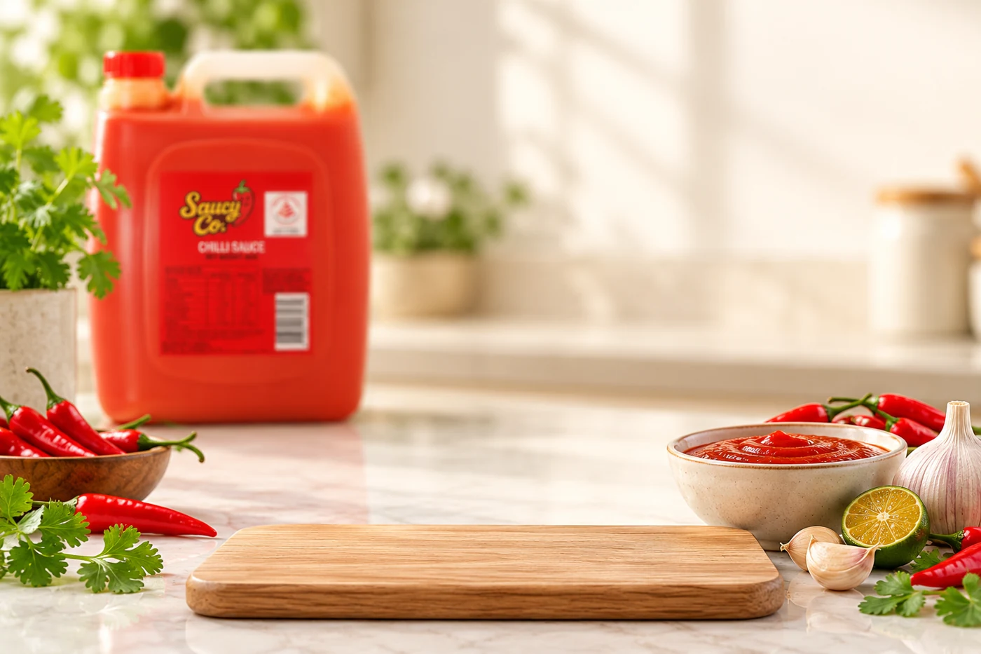 Chilli sauce, garlic, calamansi and chillies with a foodservice jerry can in the background