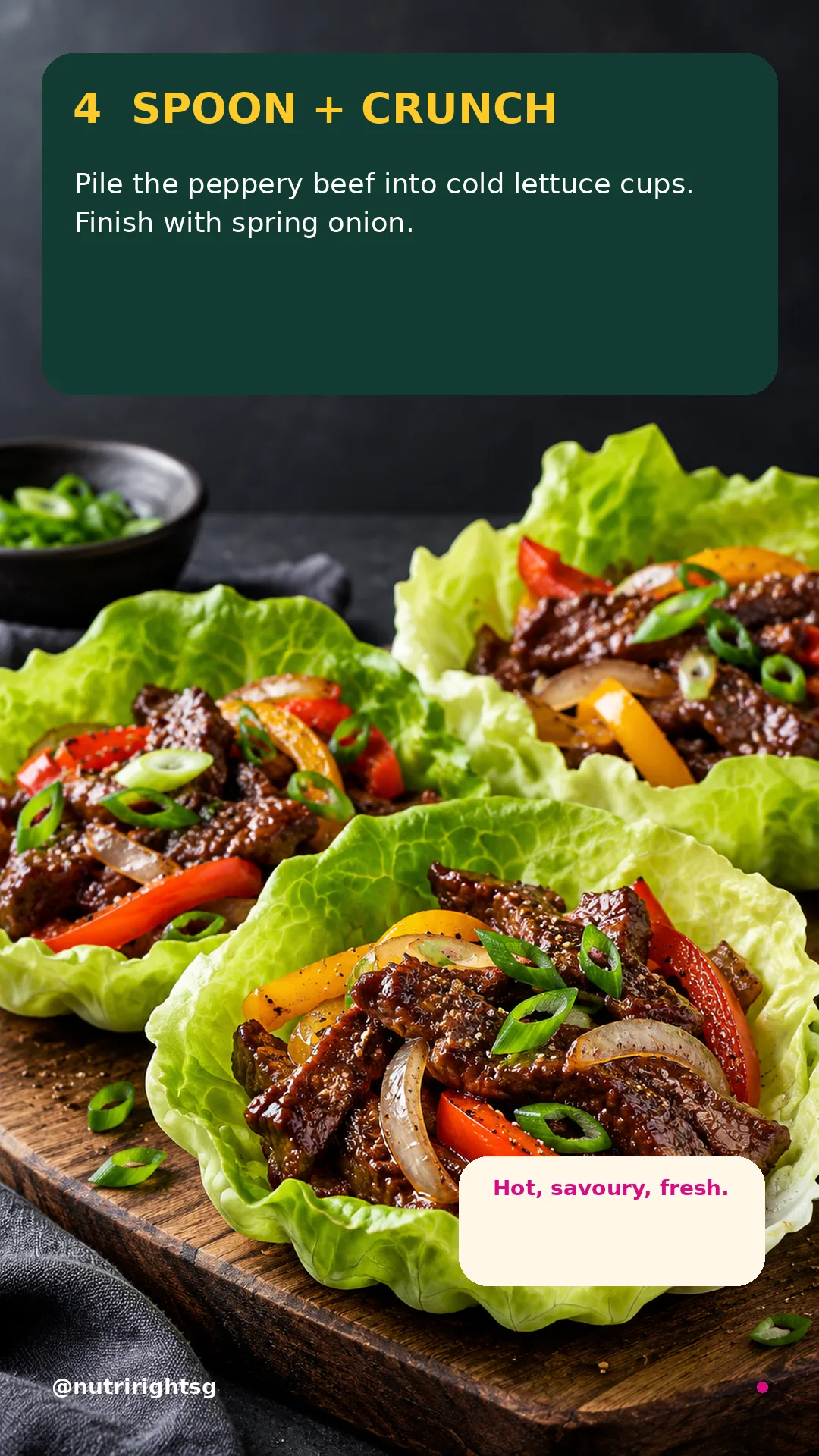 Black-Pepper Beef Lettuce Cups — finishing step (slide 6 of 7)