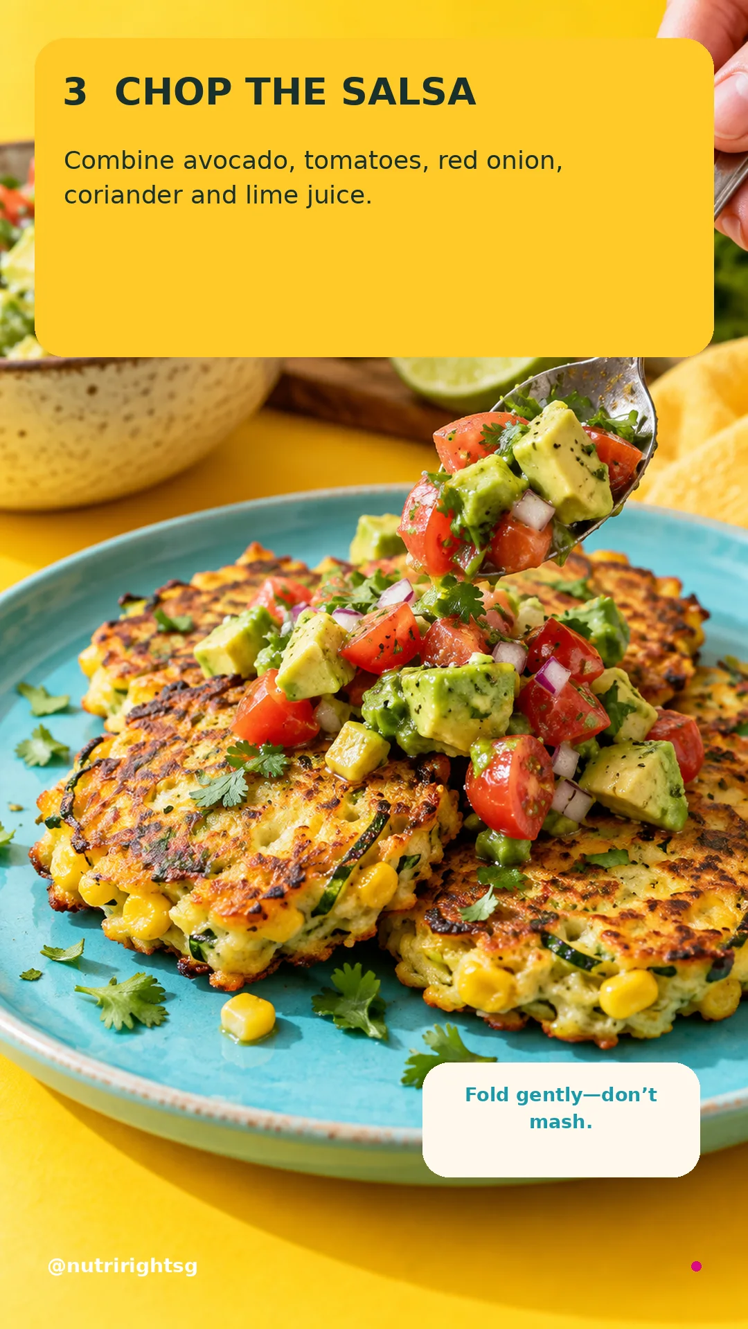 Zucchini-Corn Fritters + Avocado Salsa — cooking step (slide 5 of 7)