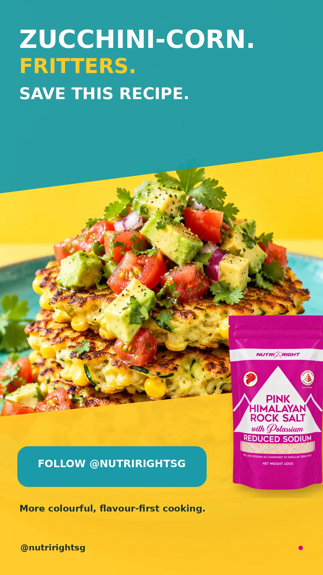 Zucchini-Corn Fritters + Avocado Salsa — finished dish (slide 7 of 7)